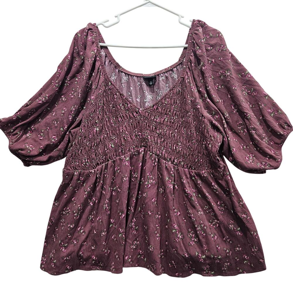 Torrid Mauve Floral Peasant Smocked Puff Sleeve Size 2 Boho Cottage Feminine Y2K